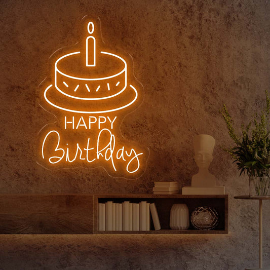 Happy Birthday Cake - Orange Neon Lights - One Neon Signs