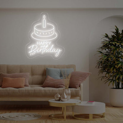 Happy Birthday with Cake white neon sign