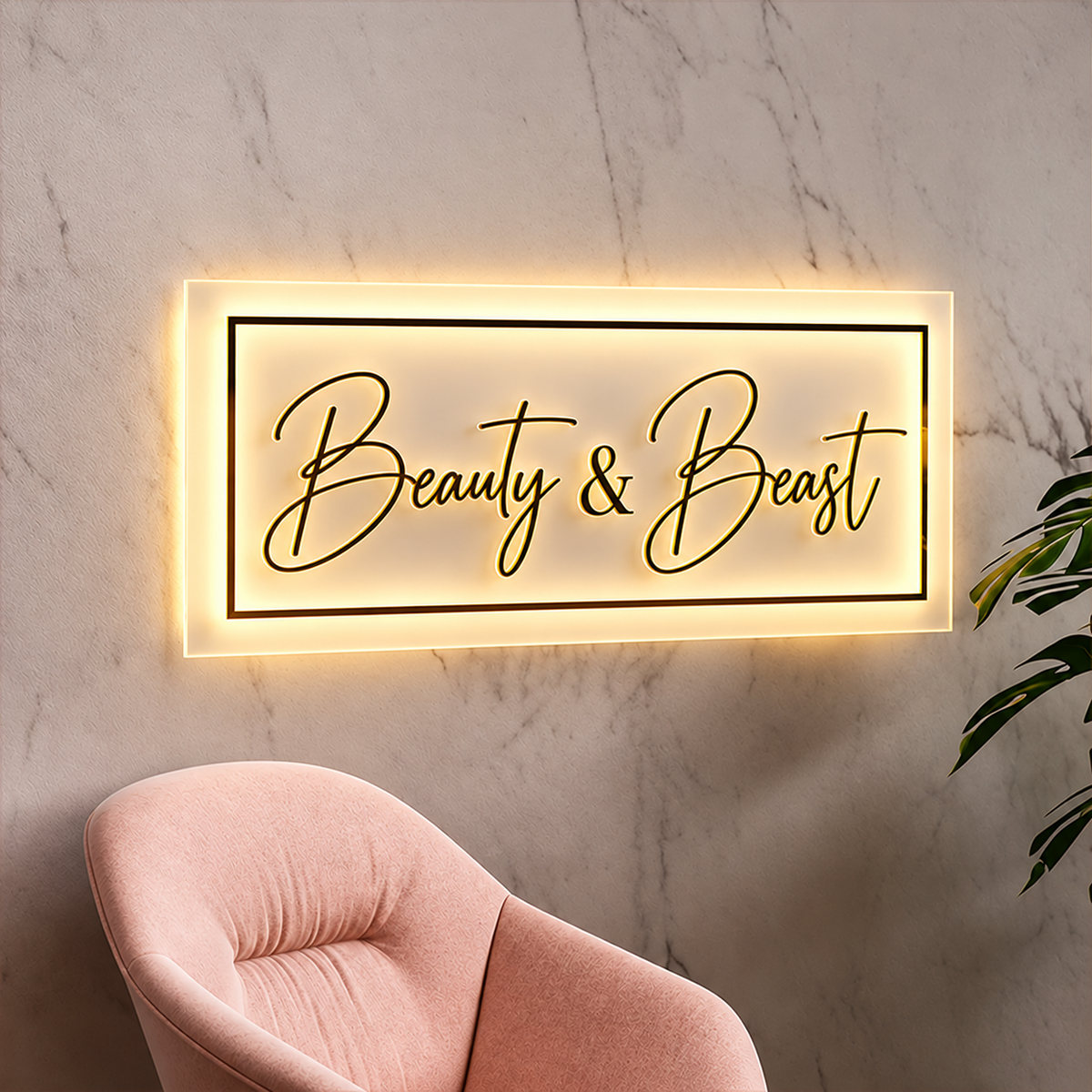 Rectangular clear acrylic beauty salon sign with warm backlighting