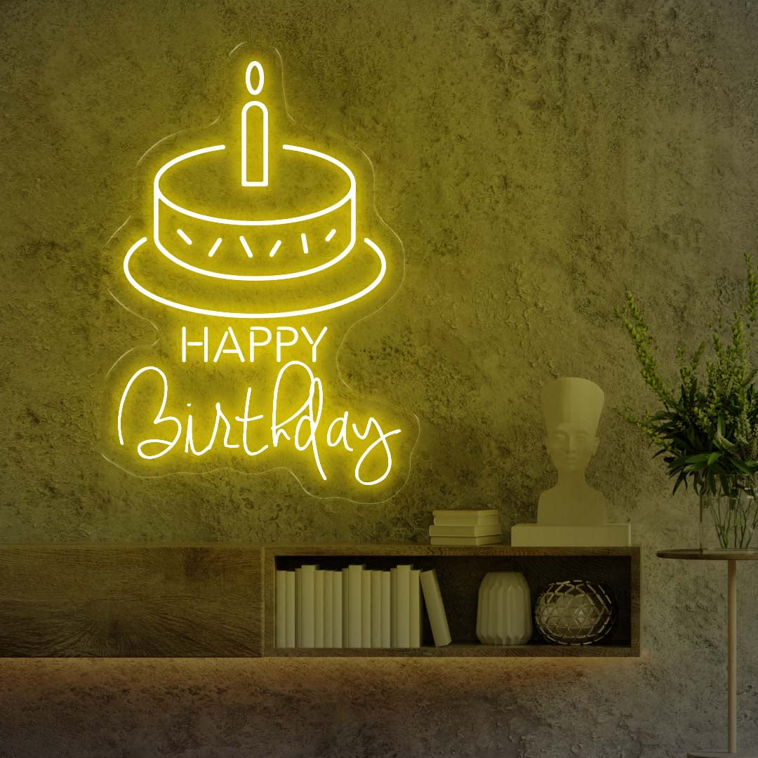 Happy Birthday Cake - Yellow Neon Lights - One Neon Signs 