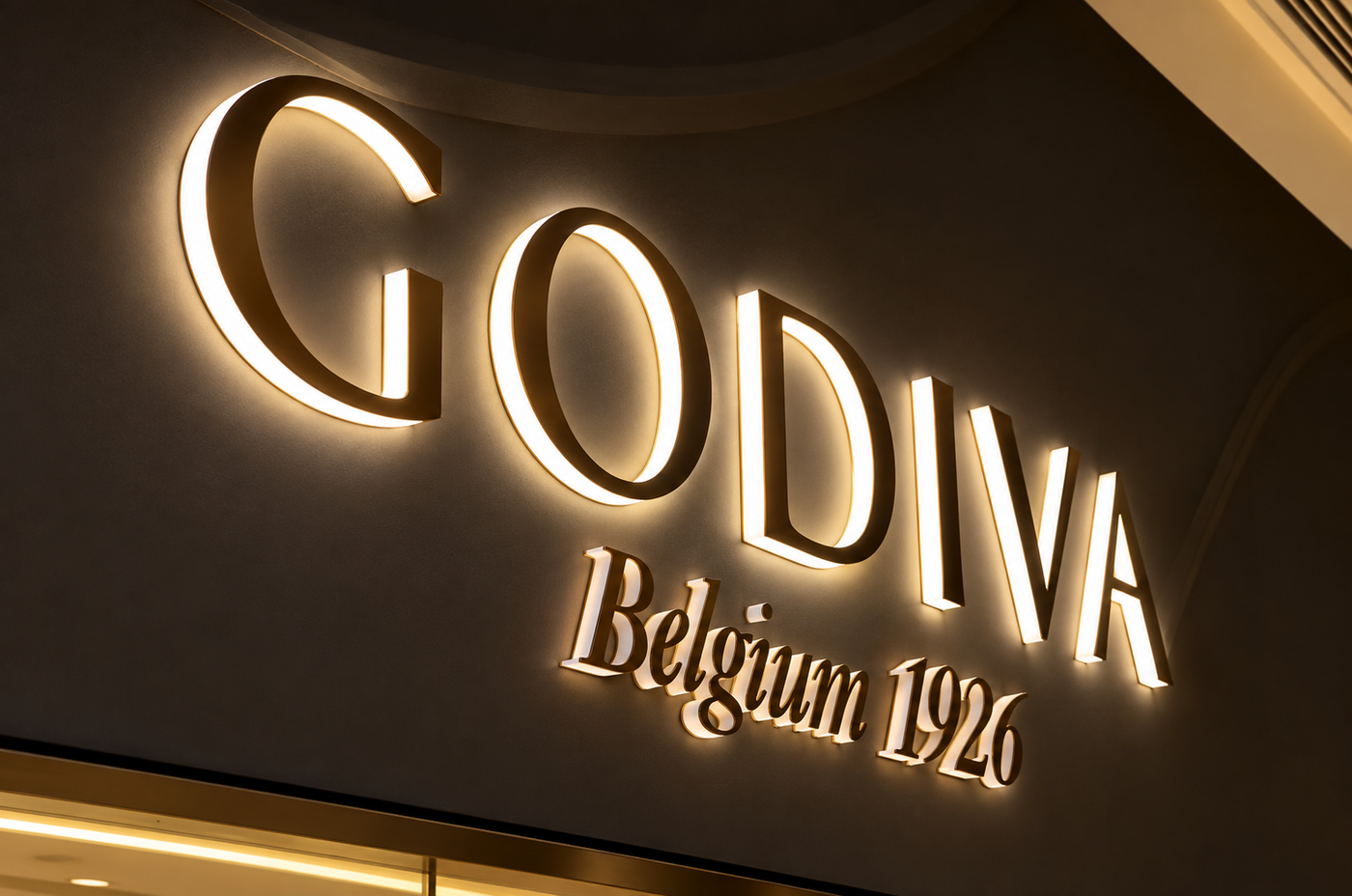 Fully illuminated dimensional letters viewed from an angle on a commercial building