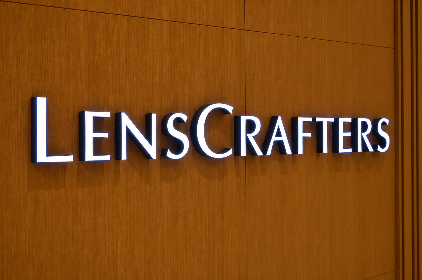 Close-up view of evenly illuminated white front-lit channel letters