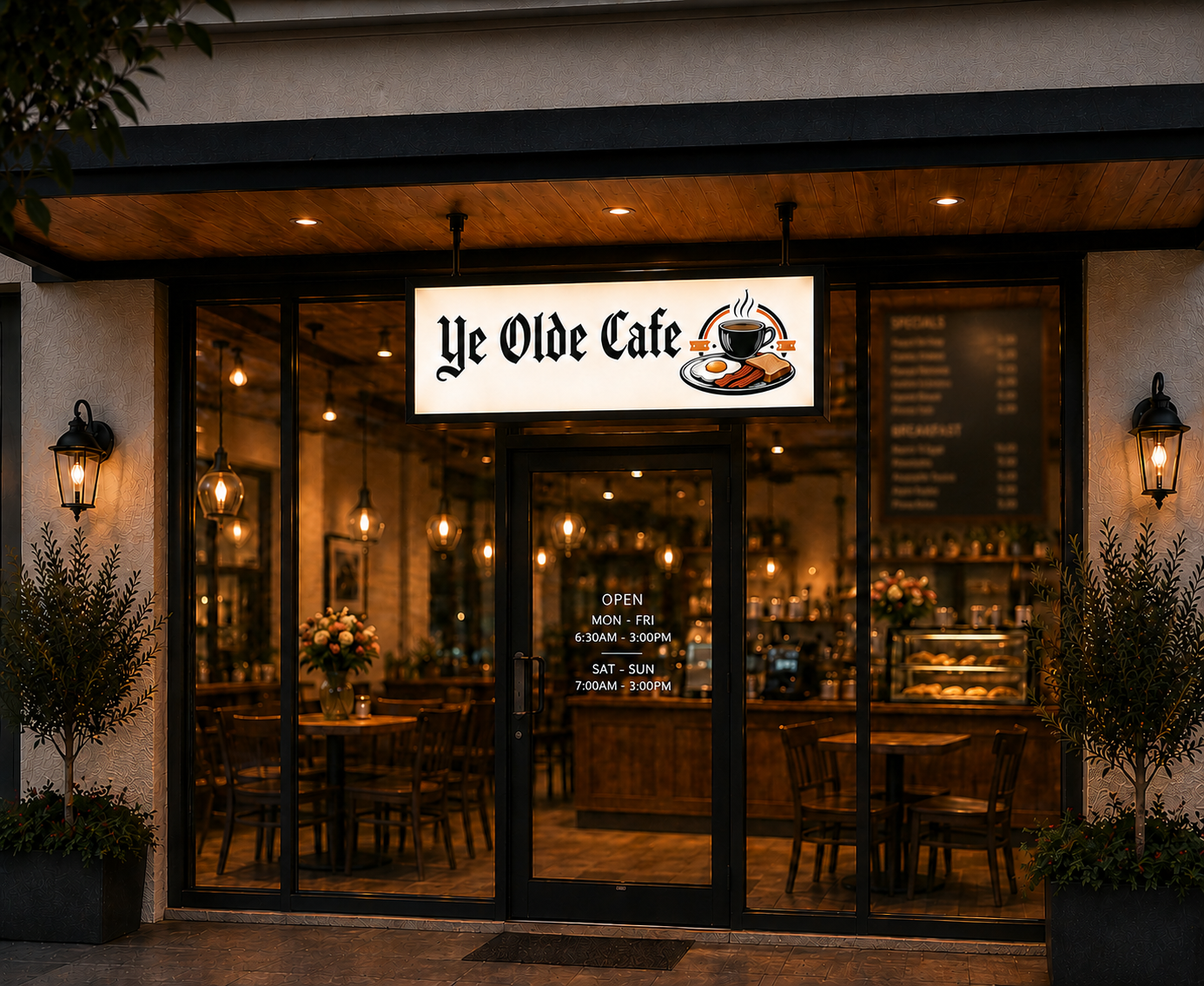 Custom illuminated cafe lightbox sign glowing above a shopfront entrance