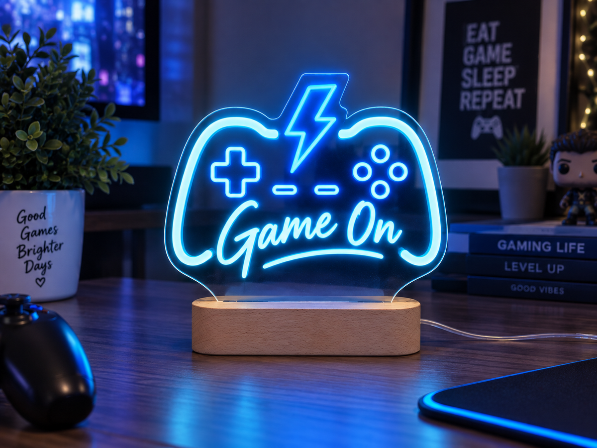 Compact wooden base neon sign used as ambient home décor