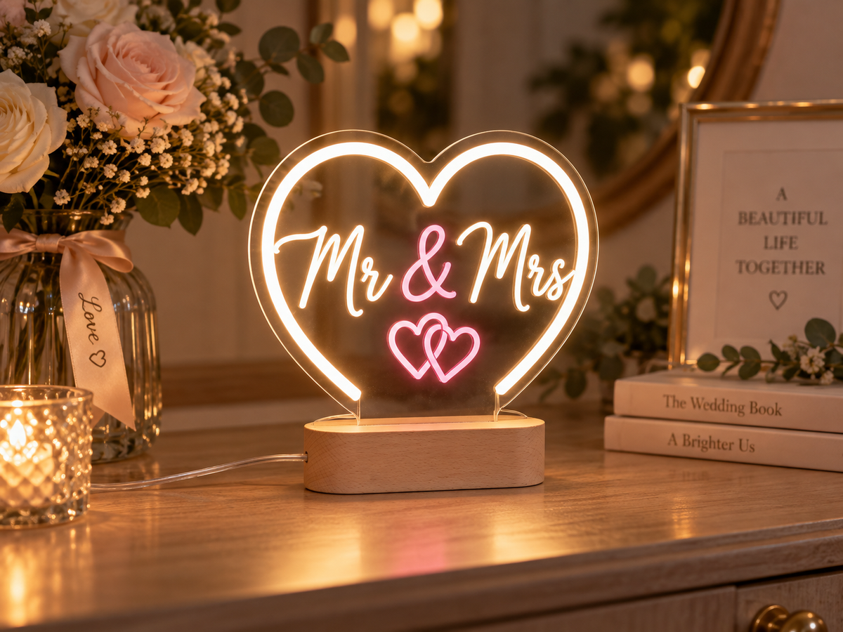 Freestanding wooden base neon sign displayed without wall mounting
