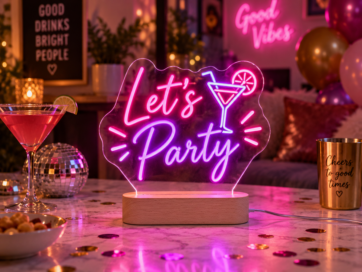 Custom LED neon sign standing securely in a natural wooden base