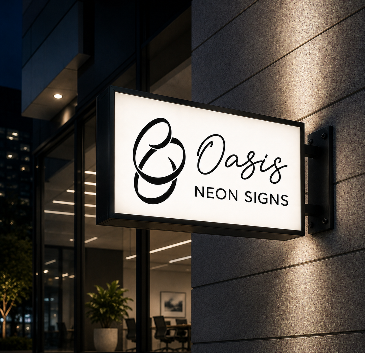 Oasis Neon Signs rectangular projecting lightbox on an office exterior