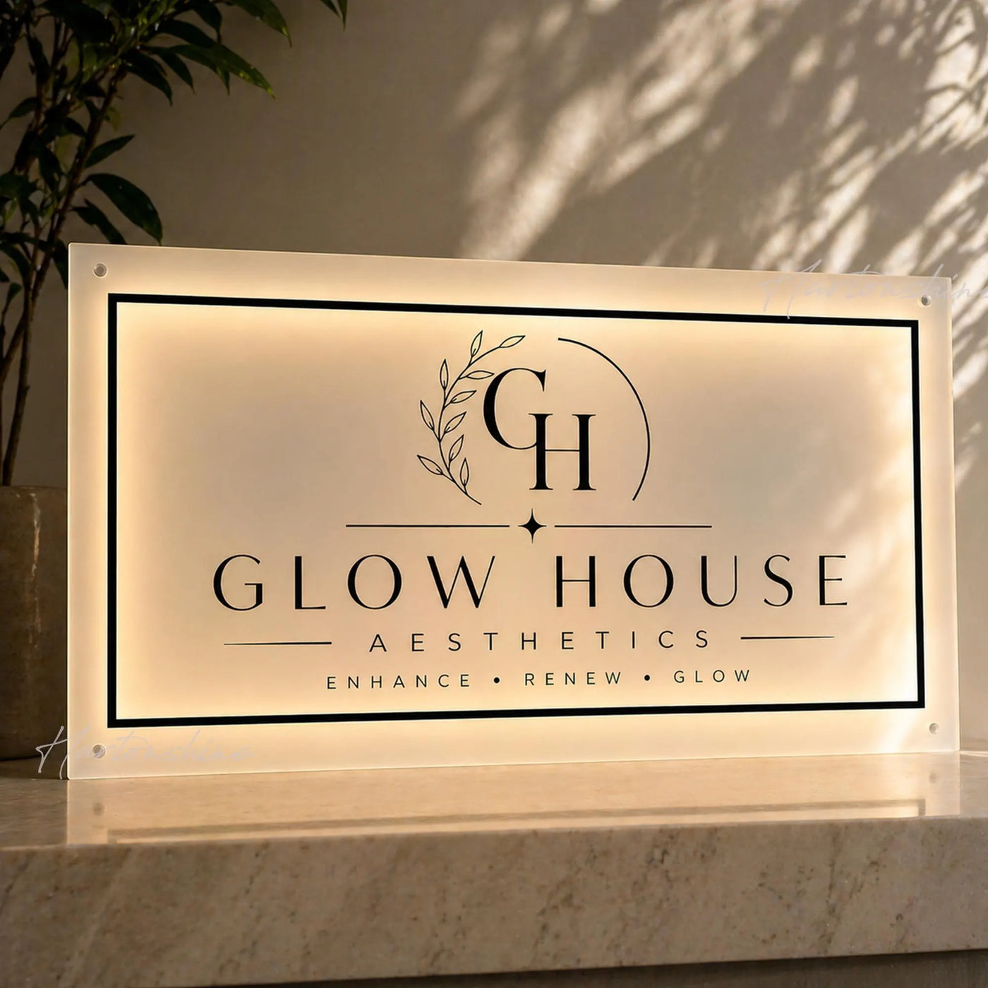 Custom salon name printed on a clear rectangular backlit acrylic panel